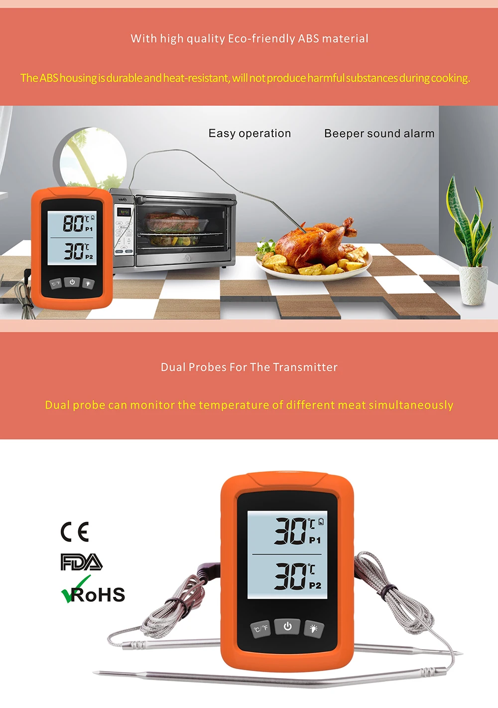 2020 Wireless meat thermometer with dual probe for grilling