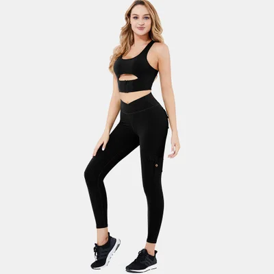 

Wholesale Latest Hot Sale Women Yoga Set Padded Bra With Zipper High Waist Legging Yoga Cargo Pants With Pocket Set, Customized colors