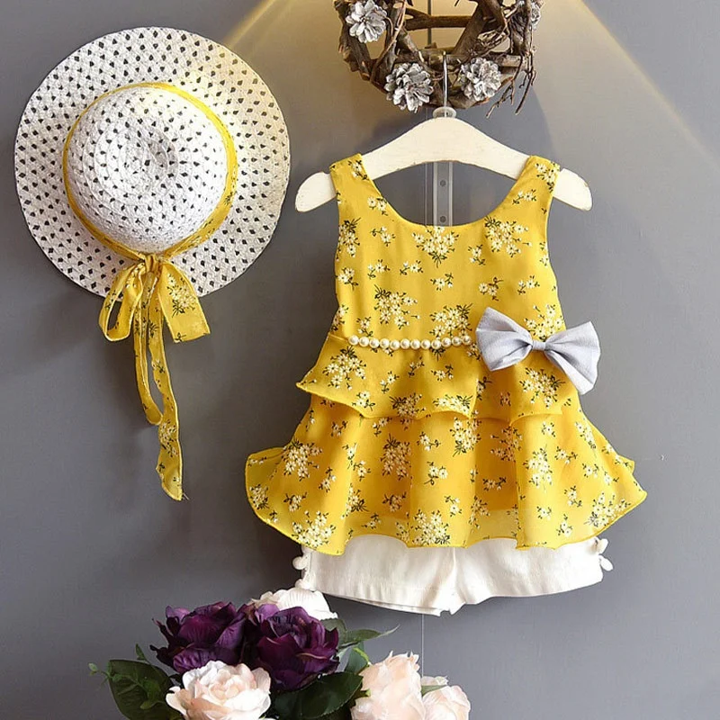 

B52719A Sweet little girls 2020 summer new two-piece floral shorts set, Yellow/pink