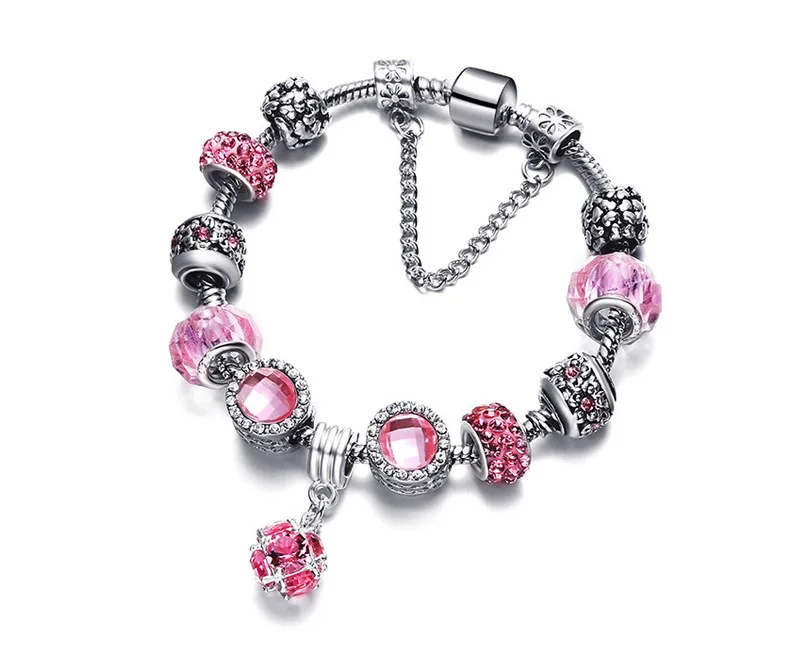 

Silver Plated Big Hole Beads Charm Pink Diamond Bracelet Crystal Rhinestone Pave Beads Charm Flower Bracelet