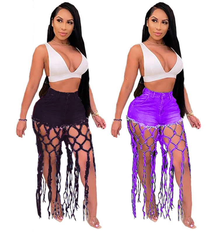 

DUODUOCOLOR Solid color hollow out fashion high waist tassels loose pants ladies jeans 2021 sexy women summer shorts D98003