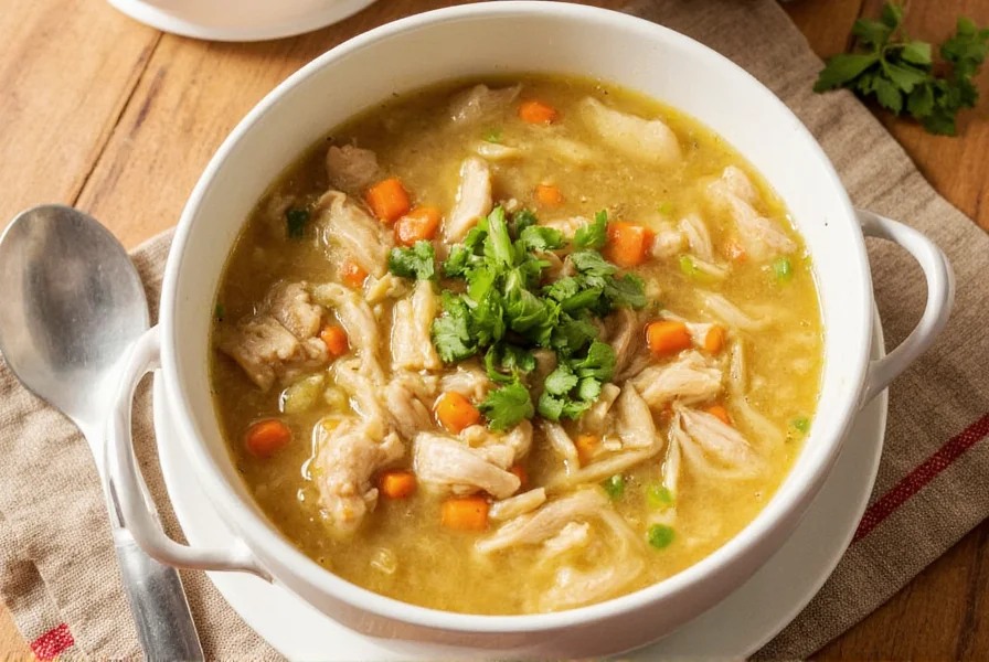 Clear chicken ginger soup in white ceramic bowl with fresh scallion garnish