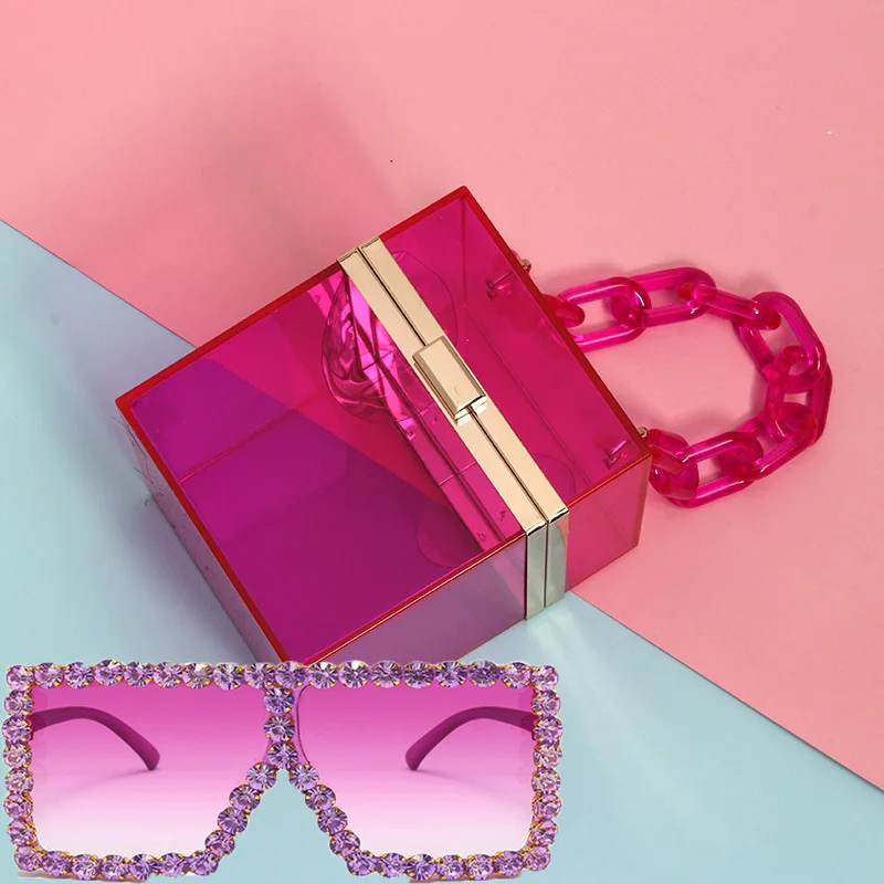 

Hot Sale Trending Pink Clear Box Purse and Sunglasses Matching Acrylic Evening Clutch Bag Purse Set