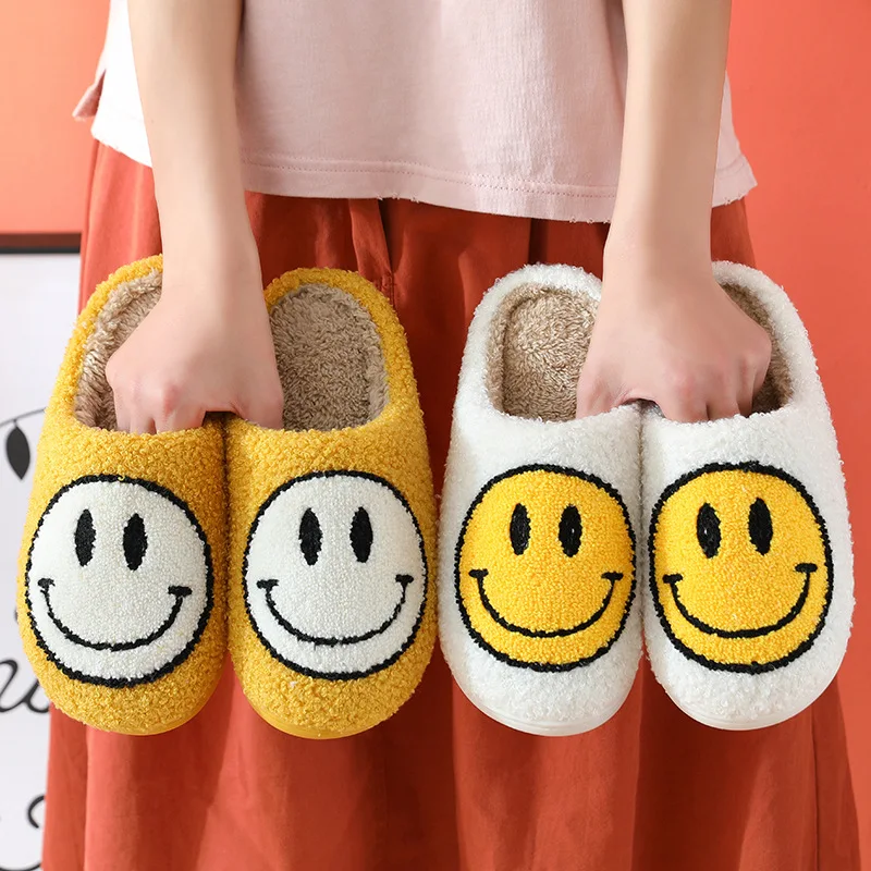 

HF winter cute home blue yellow pink red purple green happy smiley face slippers for women men