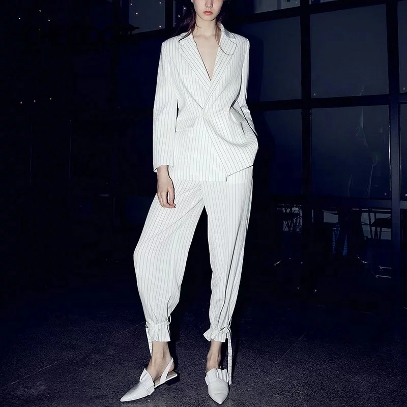 

2021 Ladies Fashion British Suit Blazer Temperament Coat Loose White Striped Jacket Trousers Suits Women