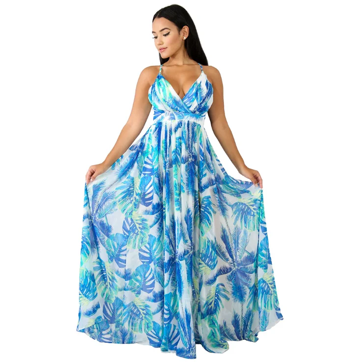 

New European And American Deep V-neck Open Back Chiffon Summer Beach Wear Evening Dress