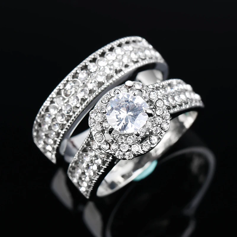 

Custom Luxury Women's Wedding Jewellery Rings White Gold Filled Diamond Engagement Women Moissanite Ring Set, Silver