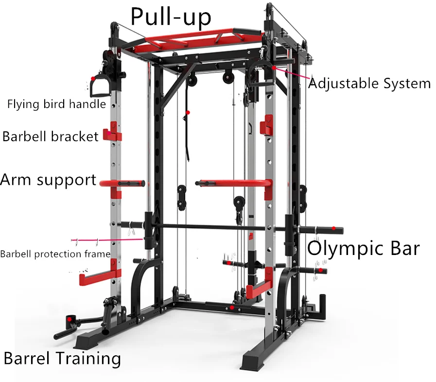 

Multi-Functional Trainer Home Use Smith Machine Gym Fitness Equipment Squat Rack 3D Smith Machine, Red