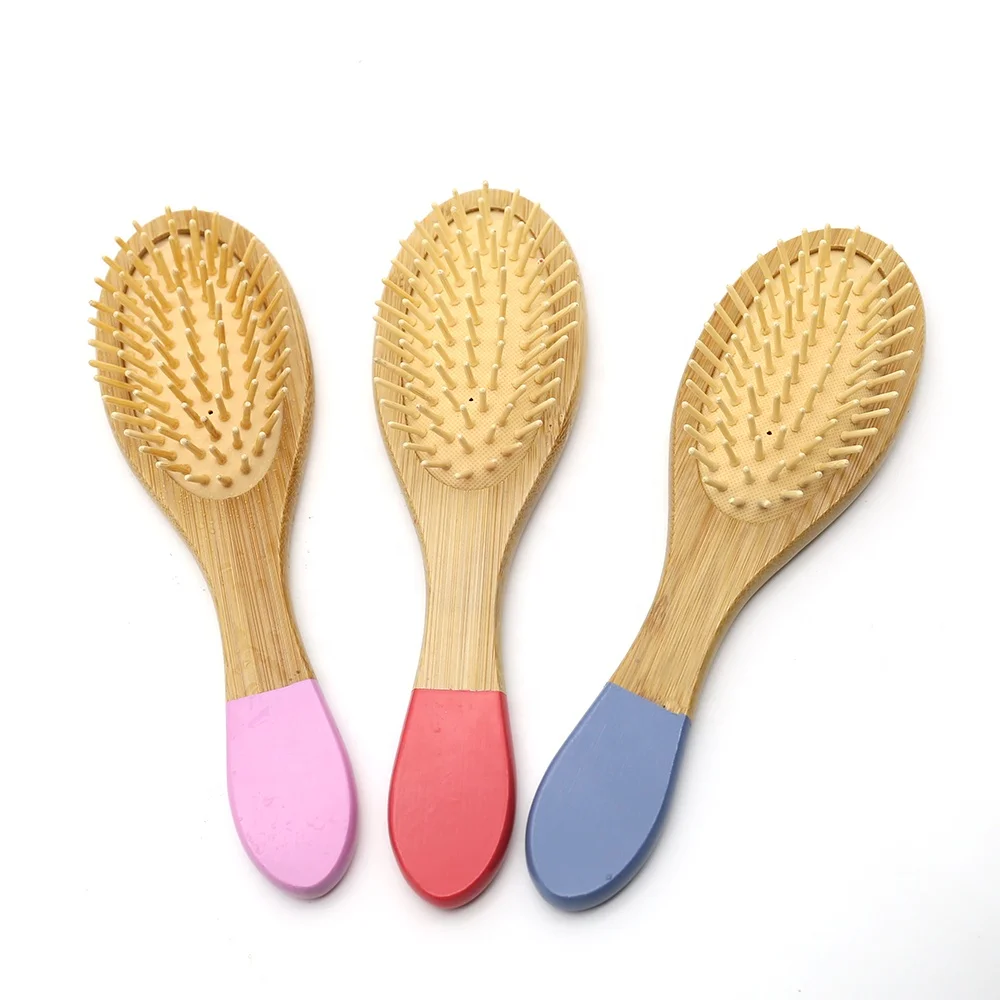 

Wholesale long handle custom logo bamboo paddle cushion wood baby eco hair brush, Blue,red,pink