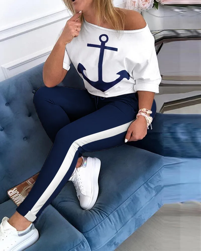 

wholesale Women two piece set short sleeve T shirt navy print sports suit