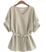 

Summer Women Blouses Linen Tunic Shirt V Neck Big Bow Batwing Tie Loose Ladies Blouse Female Top For Tops 5XL 30% off