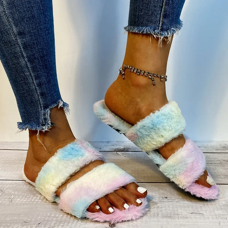

sandals shoes women 2020 winter new fashion faux fur plush slippers women home double strap furry slippers for women, White, yellow, green, black, brown, color