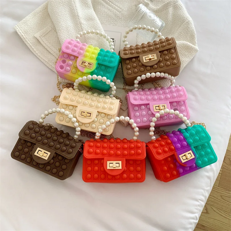 

2022 Toddler Ladies Luxury Mini kid Jelly Shoulder Hand bag Silicone Rainbow Women Hand Bags Pop it coin Purses And Handbags, 7 colors
