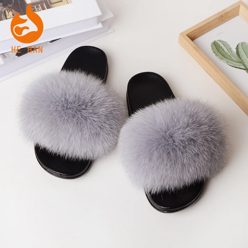 

soft warm home style real fox fur slippers slides sandals with big color choices