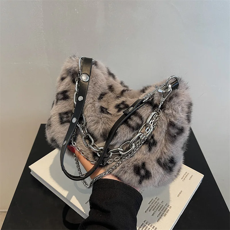 

2021 New Chain Fluffy Bag Leopard Prints Winter Warm Plush Shoulder Bag Female Luxury Handbag Faux Fur Crossbody Bags for Women