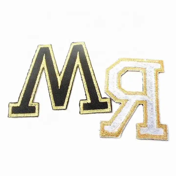 

Low MOQ Iron on Customized Gold Metallic Thread Letters Logo Hot Cut Embroidery Patches for Sports