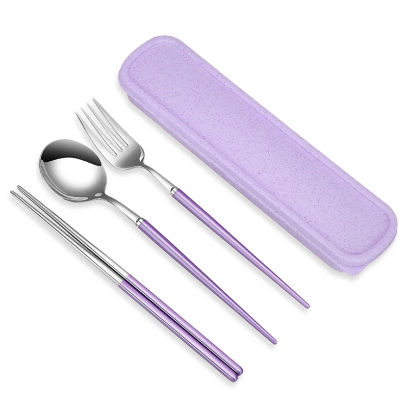 

Promotional gifts 3PCS Stainless Steel 18/8 Portable Travel Cutlery Set Spoon fork chopsticks Wedding flatware with Wheat case, Blue, purple, pink, green