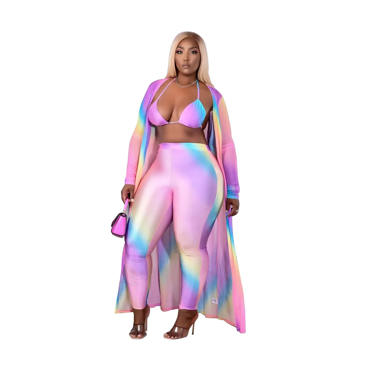 

2021 Fashion Rainbow Print Cape Three-Piece Set, Picture color