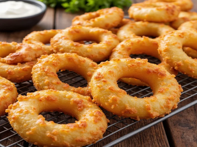 Golden crispy onion rings on wire rack with ingredients