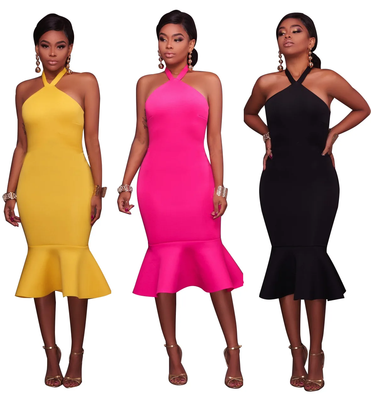 

2021 Women Clothes Sexy Under Knee Mermaid Halter Dress Latest Office Dresses Slim Casual Lady Dresses Night Club Party Apperal, Picture shown