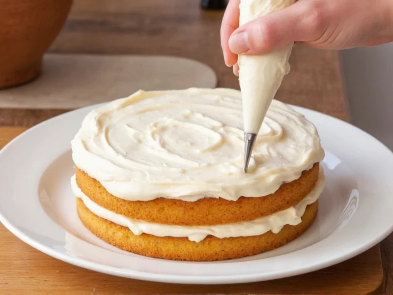 Piping homemade frosting onto layered cake