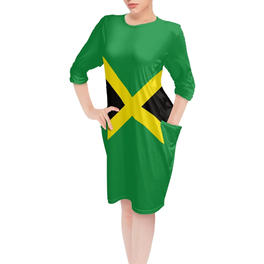 

Jamaican Flag Dresses Women Ladies Printed Casual Cozy Loose Dress O-neck Long Sleeve Dresses With Pocket Custom Pajama Clothing, Customized color
