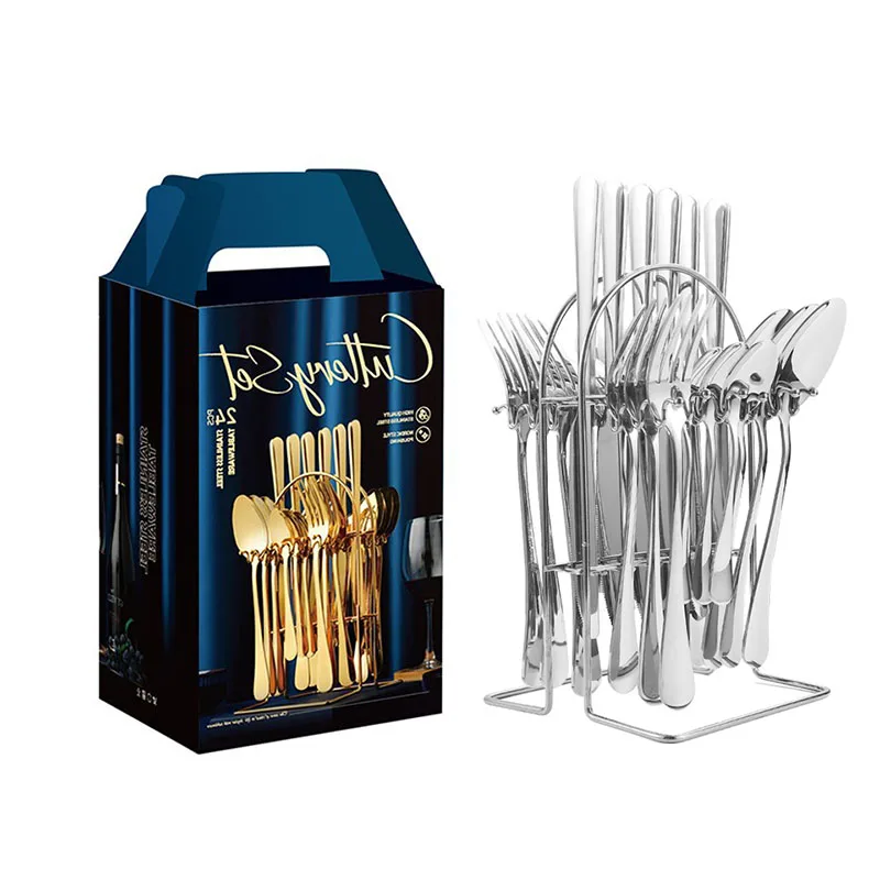 

Amazon Hot 24 piece Gold Cutlery Set Stainless Steel Knife Spoon Fork Luxury Flatware Set with holder, Sliver, gold