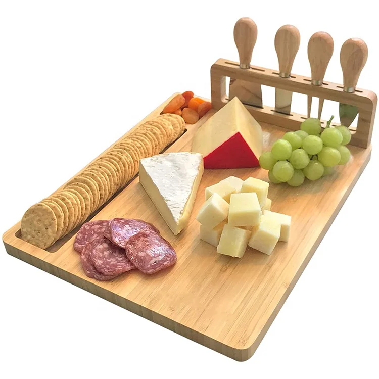 

Bamboo Wood Cheese Board Meat Charcuterie Platter Serving Tray With Cheese Stainless Steel Knives