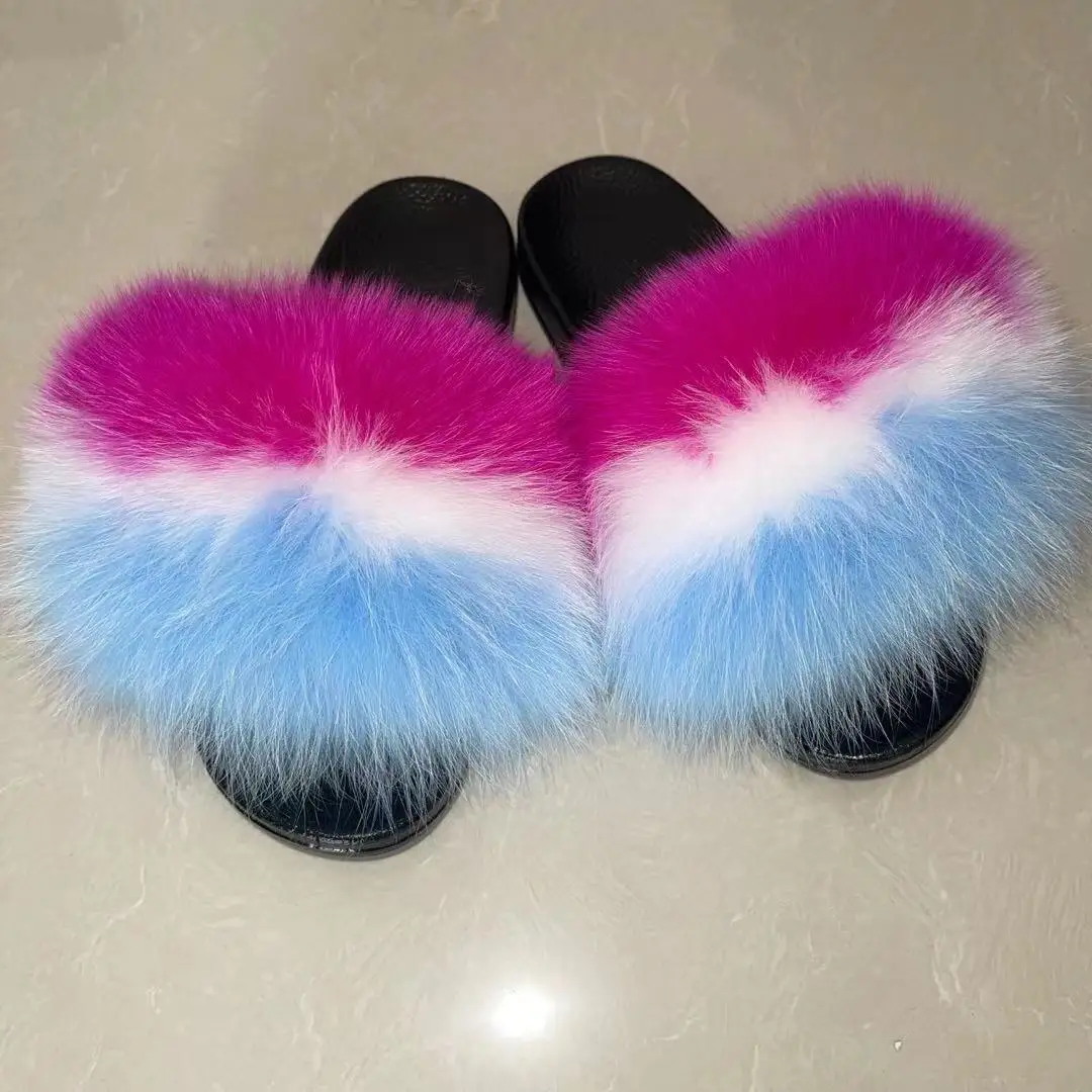 

Most popular black fox fur slides big fur slippers ladies slippers and sandals, Customized color