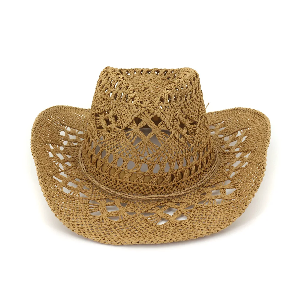 

Wholesale Beach Hand-woven Khaki Spring Summer Outdoor Men Women Couple Fedora Straw Cowboy Hat