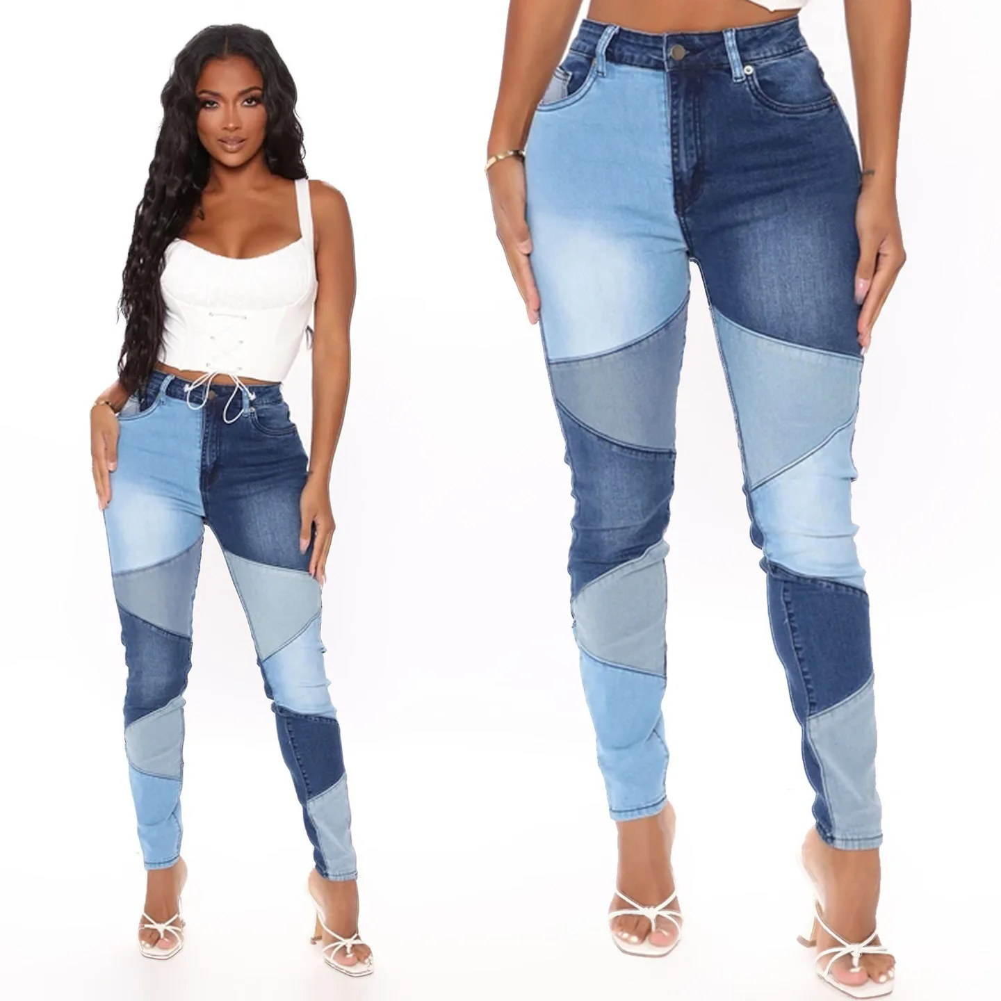 

2021 Fall fashion ladies jeans patchwork women's jeans denim bodycon high waist jeans women trousers, Black/blue