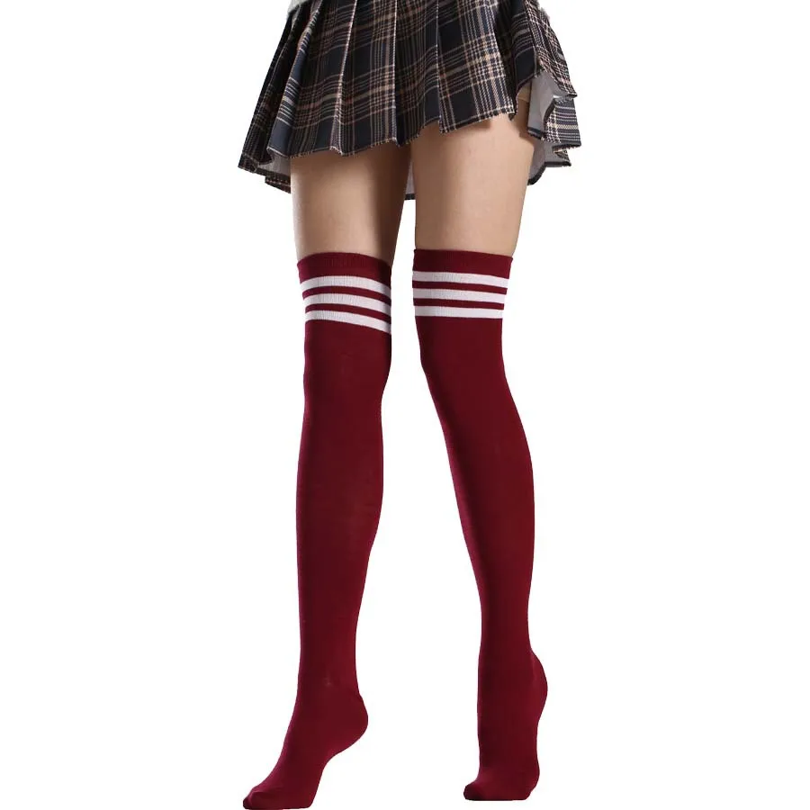 

Autumn Winter Solid Color Stripes Print 20 Colors Over Knee Thigh Socks Women Girls