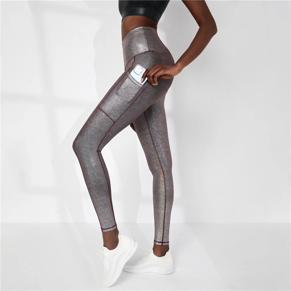 

Wholesale custom women shiny fitness workout gym tights tiktok legging compression high waist capri yoga pants with side pockets, Shown or custom