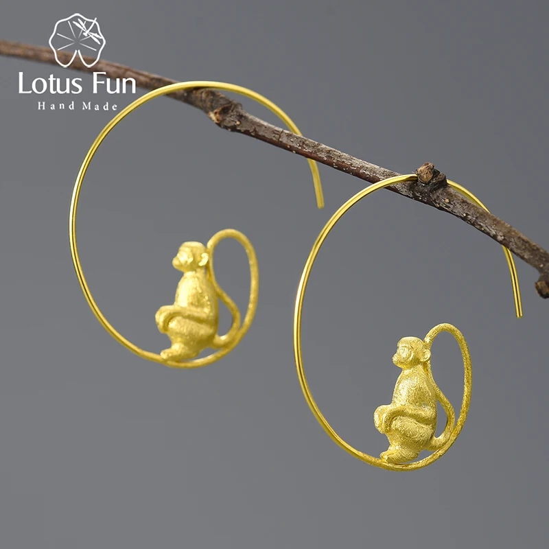 

Lotus Fun 18K Gold Cute Long-Tailed Monkey Big Round Hoop Earrings for Women Gift Real 925 Sterling Silver Trendy Fine Jewelry