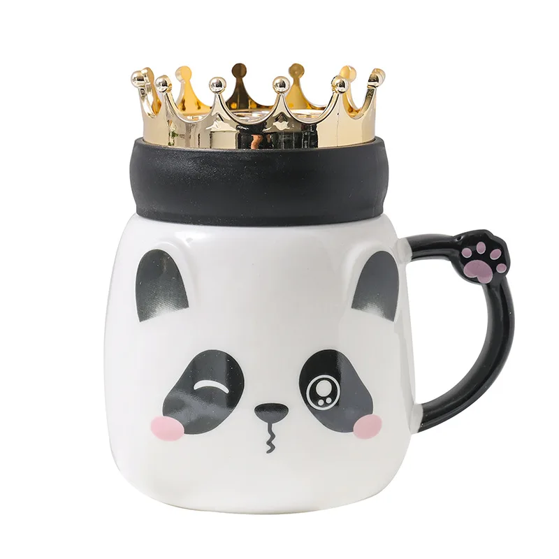 

Customized cute cartoon panda crown ceramic mug with lid and handle mug creative gifts coffee mug insulation