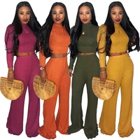 

wholesale fashion rib knit crop top with wide leg pants two piece set women clothing