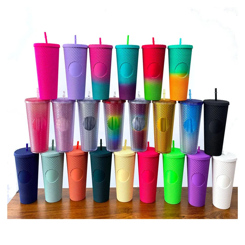 

2021 hot sell white black pink rainbow gold color 24oz Studded Tumbler Cups with lids, Pastel/ translucent