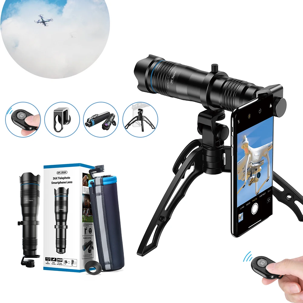

universal clip mobile phone telephoto lens 36x optical telescope cellphone camera zoom lens with tripod and remote shutter, Black