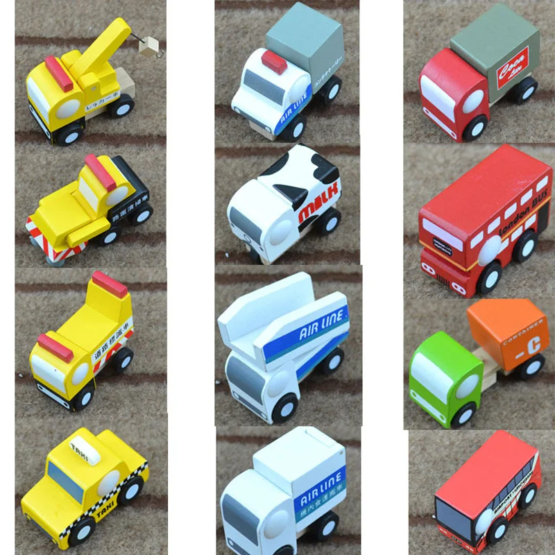 12pcs/set Mini wooden car/airplane/ military vehicle Soft Montessori wooden toys for children with gift box birthday