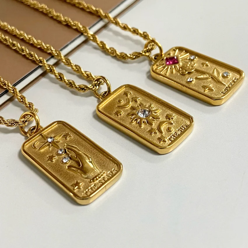 

New Design Sun and Star Necklaces Jewelry 18K Gold Plated Stainless Steel Twisted Rope Chain Rose Pendant Necklaces