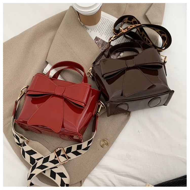 

design bow girl purse solid color woman handbags shiny ladies shoulder crossbody bucket leather bag