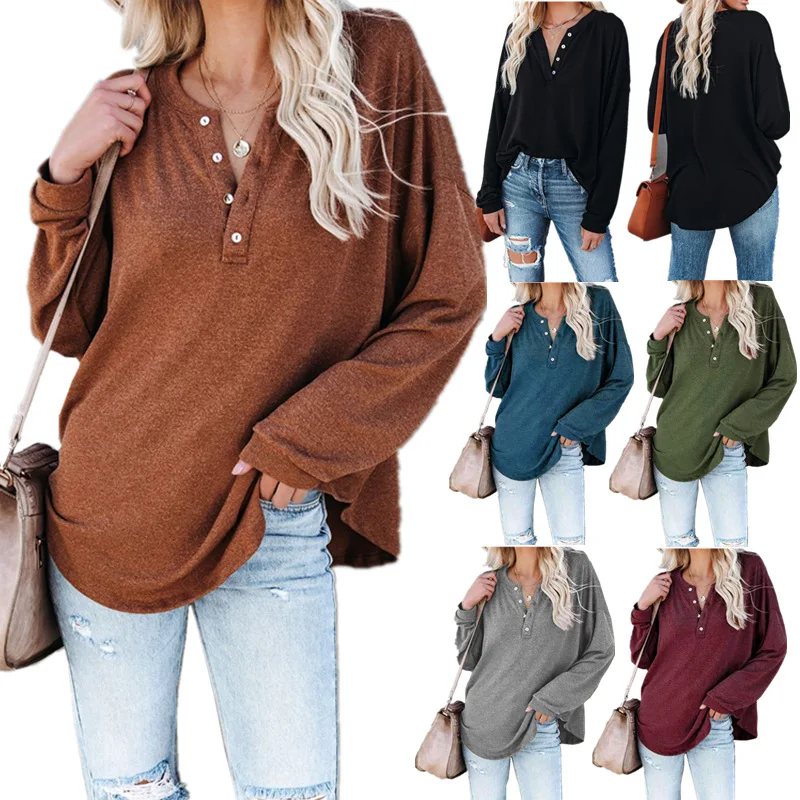 

Autumn Winter Solid Color Long Sleeve Round Neck Plus Size T Shirt Maxi Dresses For Ladies Pullover Button Top T-Shirt