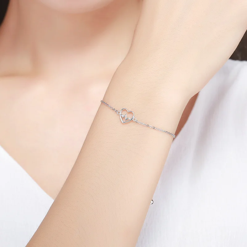 

Popular Fashion Jewelry 925 Sterling Silver Chain Accessories Women Ecg Of Love Heart Bracelet
