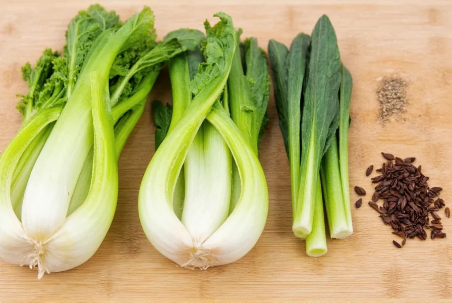 Close-up comparison of fennel bulb alternatives: celery, bok choy, and anise seeds arranged on cutting board