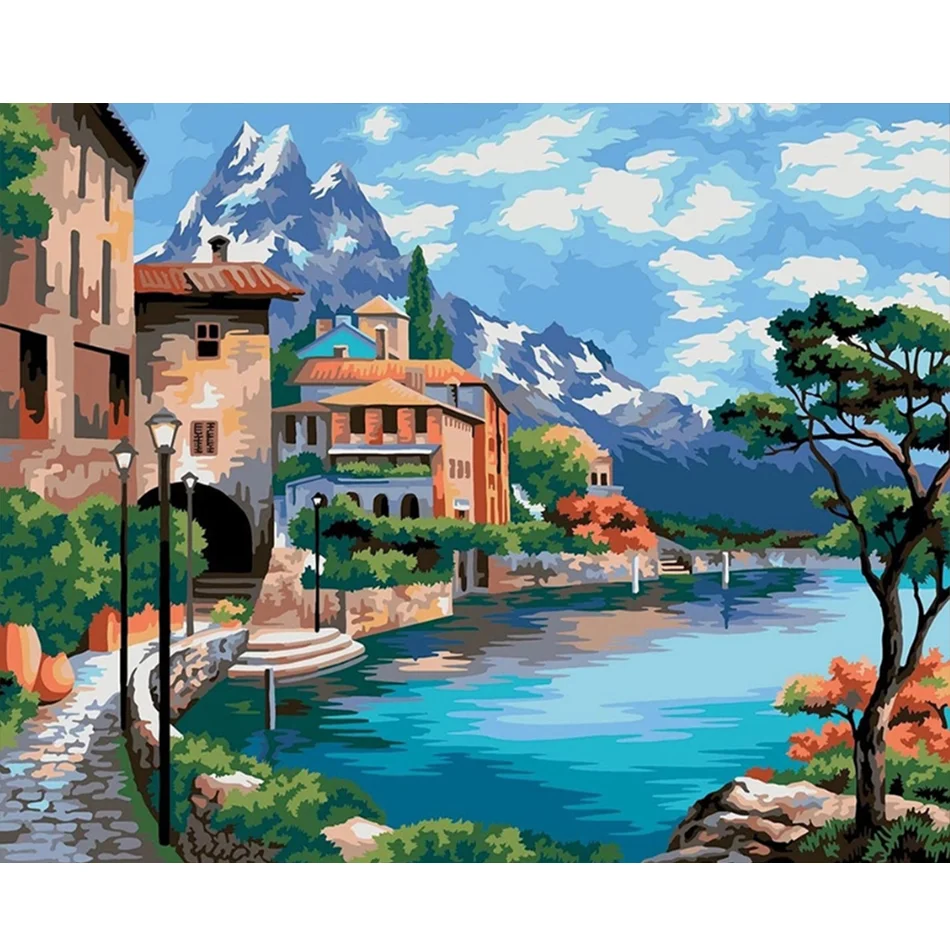 Adult Classic Style Harbour Landscape Canvas Painting by Number 40x50cm/16x20inch for Home Decoration