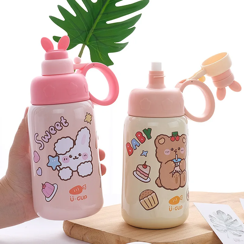 

500ml cute cartoon rabbit kids drink water bottles stainless steel double wall vacuum insulated bottle for school, Pink, yellow, green