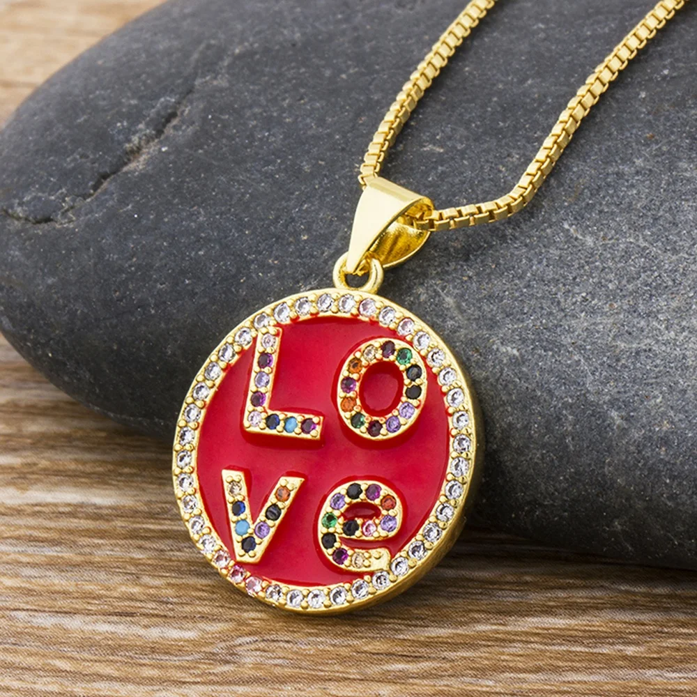 

Fashion Gold Plated Colorful Crystal Love Letter Pendant Necklace Round Charm Women Chain Necklace Jewelry for Wedding Party, White, red, black
