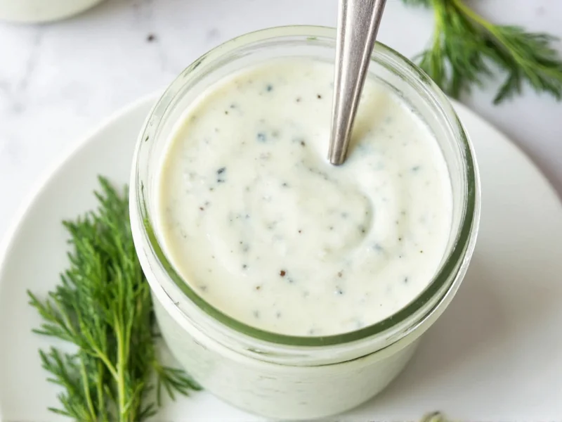Creamy homemade ranch dressing in mason jar with fresh dill