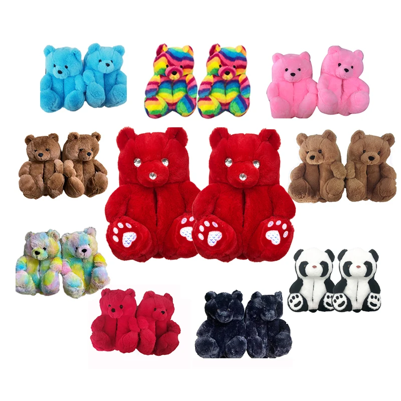 

2021 Wholesale pantuflas de animales de peluches dibujos gros Rainbow Fuzzy  Fits All Women Plush Teddy Bear Slippers, Optional