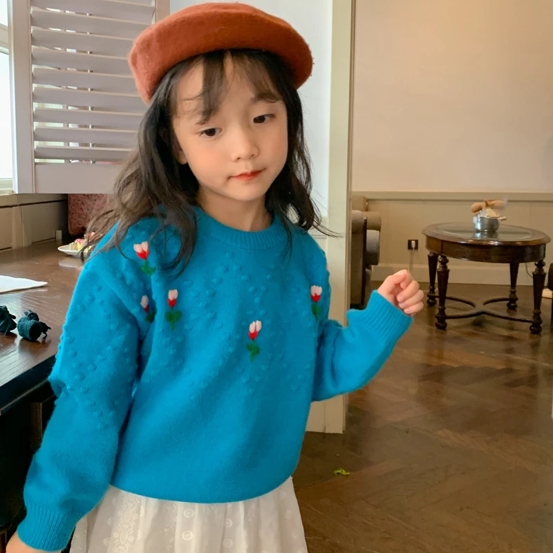 

2022 autumn red blue child long sleeve sweater toddler kids girls knitted flower shirt casual outfits KM2022Q46049